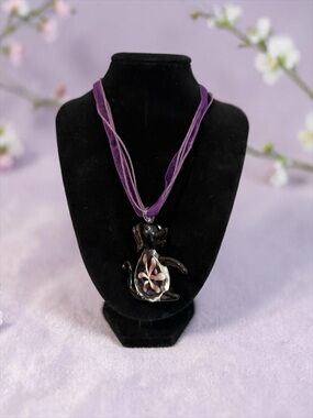 💜Purple Ribbon Handmade Glass Black Dog Pendant Necklace with Pink Accent/NWOT💜